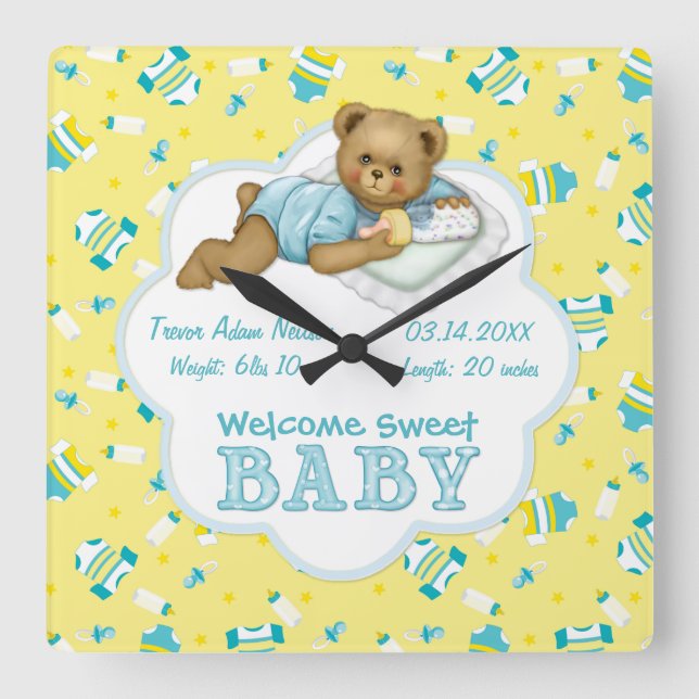 Baby Boy Teddy Bear Square Wall Clock (Front)