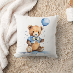 Baby Boy Teddy Bear With Blue Balloon Cushion