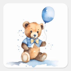 Baby Boy Teddy Bear With Blue Balloon Square Sticker