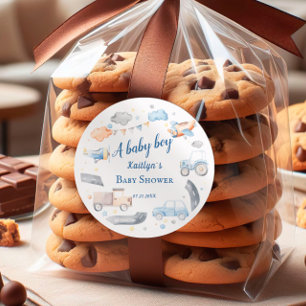 Baby Boy Transportation Cars Baby Shower Classic Round Sticker