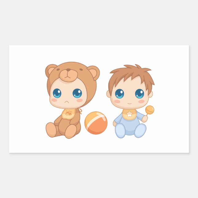 Baby Boy Twins Bear Jumpsuit Rectangular Sticker (Front)