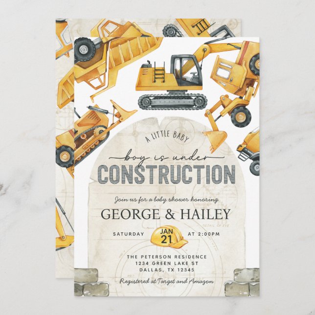 Baby Boy Under Construction Dump Truck Baby Shower Invitation (Front/Back)