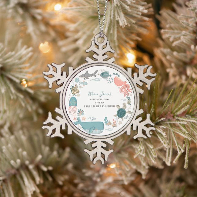 Baby Boy Under the Sea Birth Stats Keepsake Snowflake Pewter Christmas Ornament (Tree)