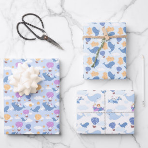 baby boy whale adventure tiled pattern wrapping paper sheet