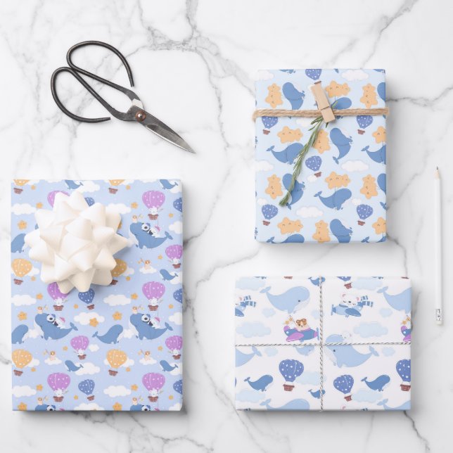 baby boy whale adventure tiled pattern wrapping paper sheet (Front)