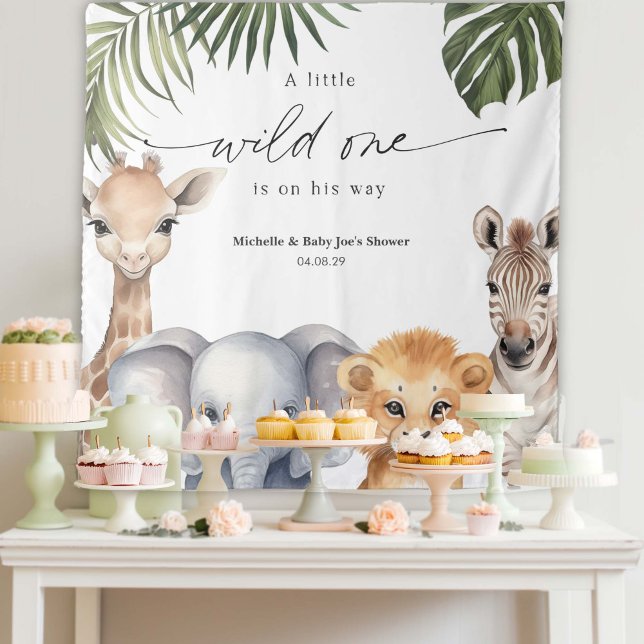 Baby Boy WIld One Safari Animal Shower Backdrop Tapestry (Wild One Safari Animal, Baby Boy Shower Party Backdrop.)