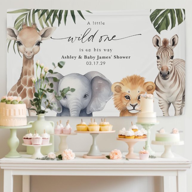 Baby Boy Wild One safari Animals Shower Backdrop Banner (Wild One Safari Animals Baby Boy Shower Party Backdrop decor.)