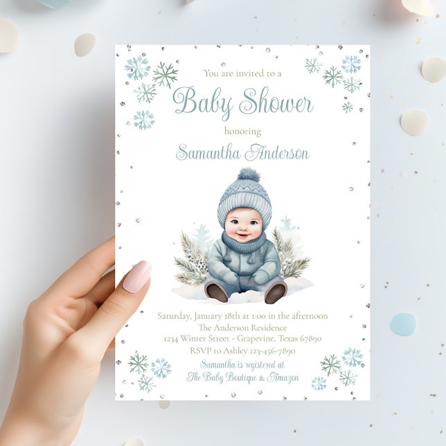 Baby Boy Winter Snowflake Baby Shower Invitation (Boy winter snowflake baby shower invitation. Simply add your event details.)
