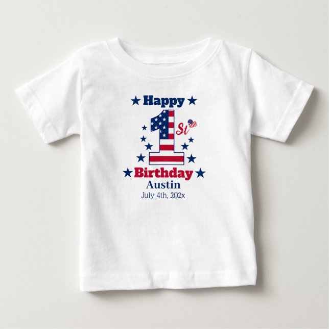 Baby Boy's 1st Birthday 4th Of July Custom White T-Shirt (Front)