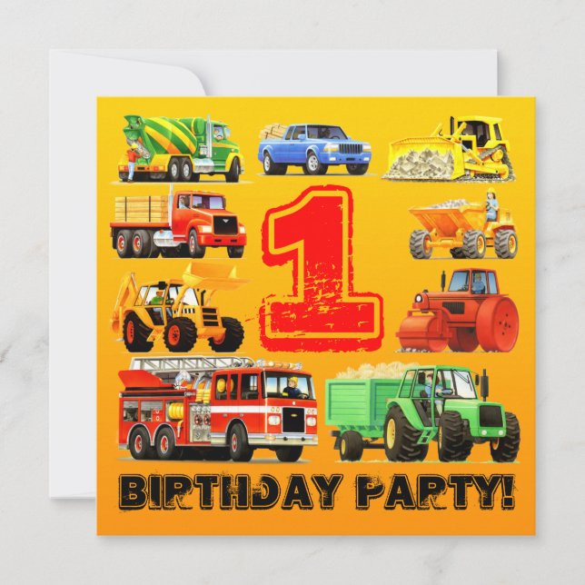 Baby Boy's 1st Birthday Construction Truck Party Invitation (Front)