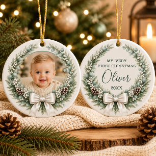Baby Boy's 1st Christmas Bow Wreath Photo Ceramic Tree Decoration