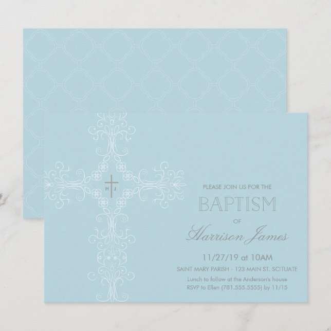 Baby Boy's Baptism Invitation with Cross, Initials (Front/Back)