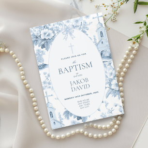 Baby Boys Blue Floral Toile Baptism  Invitation