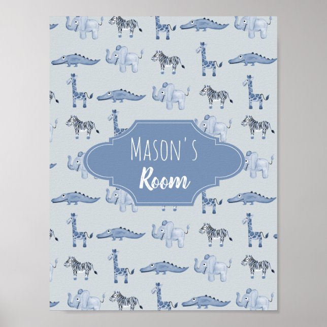 Baby Boy's Blue Watercolor Safari Nursery Art Poster (Front)
