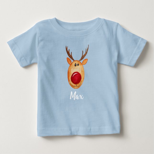 Baby Boy's Christmas Watercolor Rudolph with Name T-Shirt (Front)
