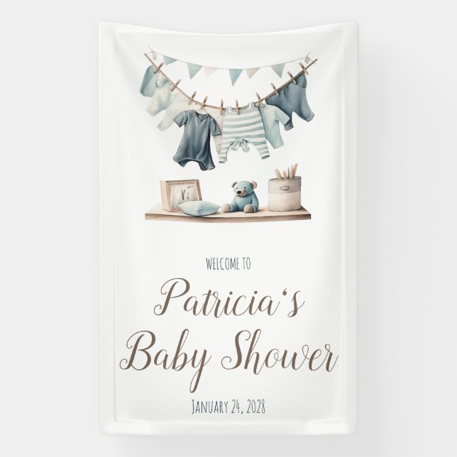 Baby Boy's Clothesline Baby Shower Welcome Sign (Vertical)