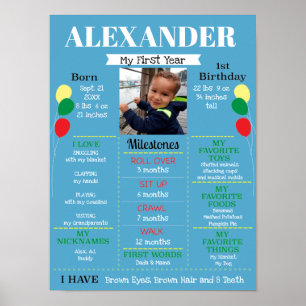 Baby Boy's First Birthday Balloons Photo Poster