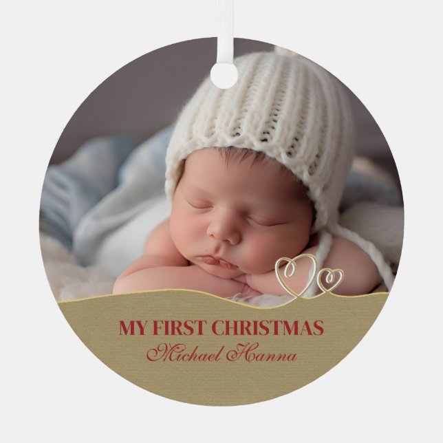 Baby Boy's First Christmas Birth Stats & Photo Metal Tree Decoration (Front)
