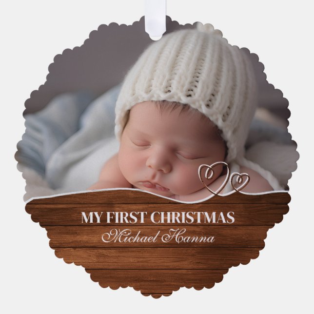 Baby Boy's First Christmas Birth Stats & Photo Tree Decoration Card (Front)