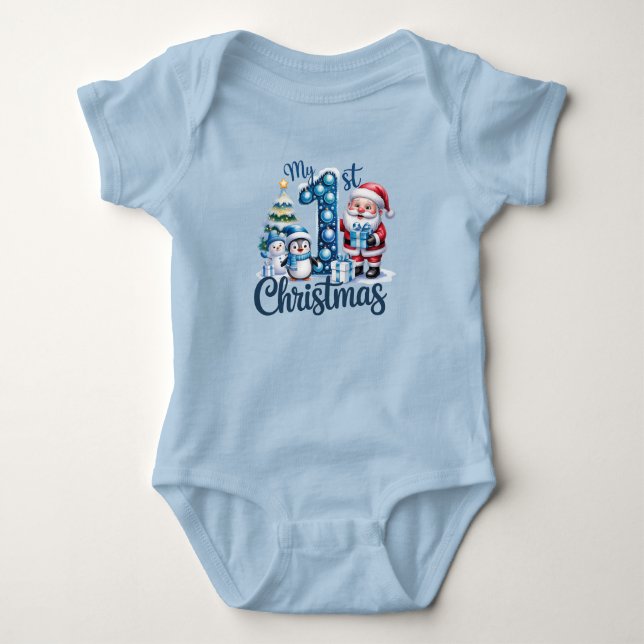 Baby Boy's First Christmas Blue Bodysuit (Front)