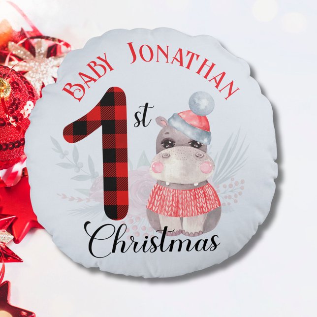 Baby Boy's First Christmas Cute Hippo Name Round Cushion (Creator Uploaded)