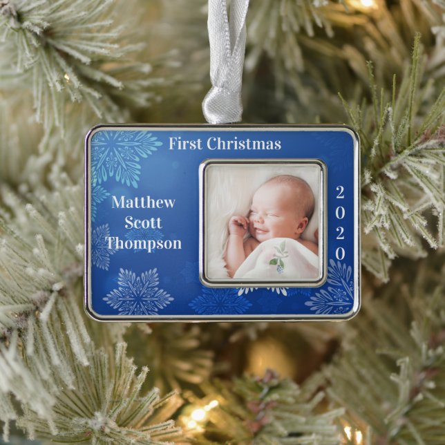 Baby Boy's First Christmas Photo Year Blue Silver Plated Framed Ornament (Tree)