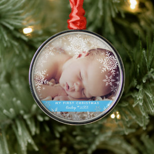 Baby Boy's First Christmas Snowflakes Blue Silver Metal Tree Decoration