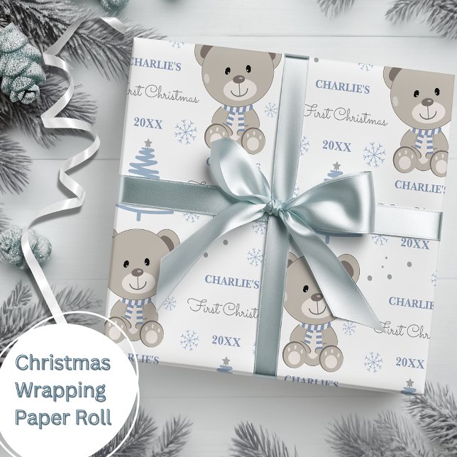 Baby Boys First Christmas Teddy Bear Blue Wrapping Paper (Creator Uploaded)