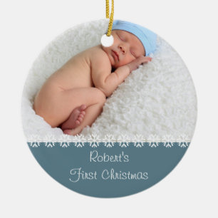 Baby Boys First Christmas w. Photo & Stats - Blue Ceramic Tree Decoration