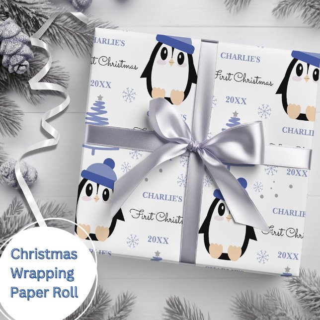 Baby Boys First Christmas Winter Penguin Blue Wrapping Paper (Creator Uploaded)