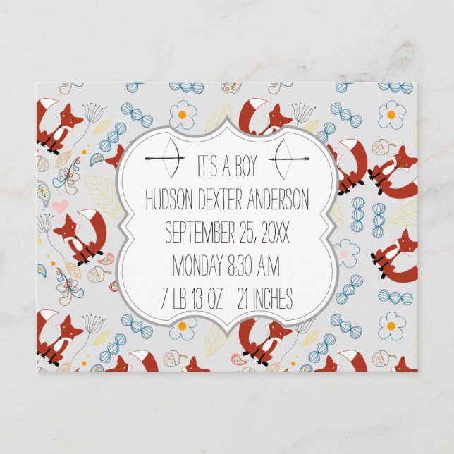 Baby Boy's Photo Fox Woodland Birth Record Stats Postcard (Front)