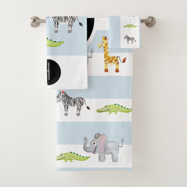 Baby Boy's Striped Safari Animal Monogram & Name Bath Towel Set (Insitu)
