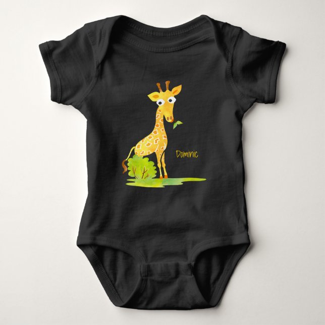 Baby Boys Watercolor Giraffe Personalised Animal Baby Bodysuit (Front)