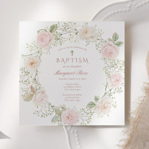Baby Breath and Pink Roses Girl Baptism Invitation