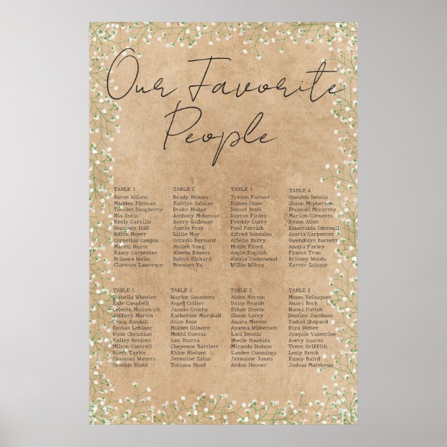   Baby Breath Floral Rustic Wedding Seating Chart (Front)