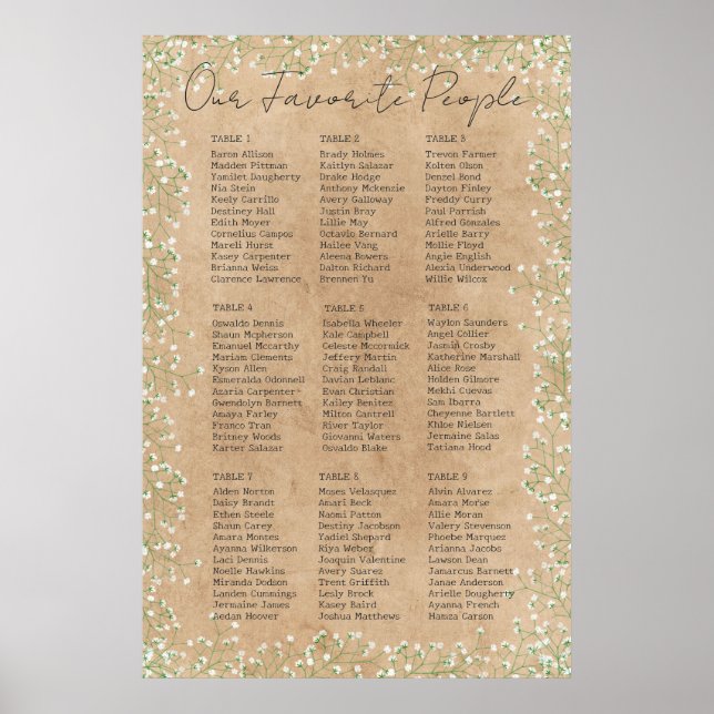 Baby Breath Floral Rustic Wedding Seating Chart (Front)