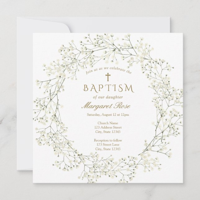 Baby Breath Flowers Baptism Invitation (Front)