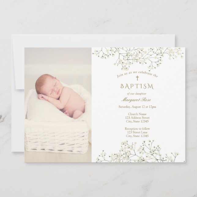 Baby Breath Flowers Baptism Photo Invitation (Front)