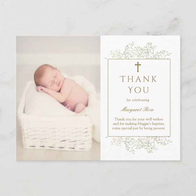 Baby Breath Flowers Baptism Photo Thank You  Postcard (Front)