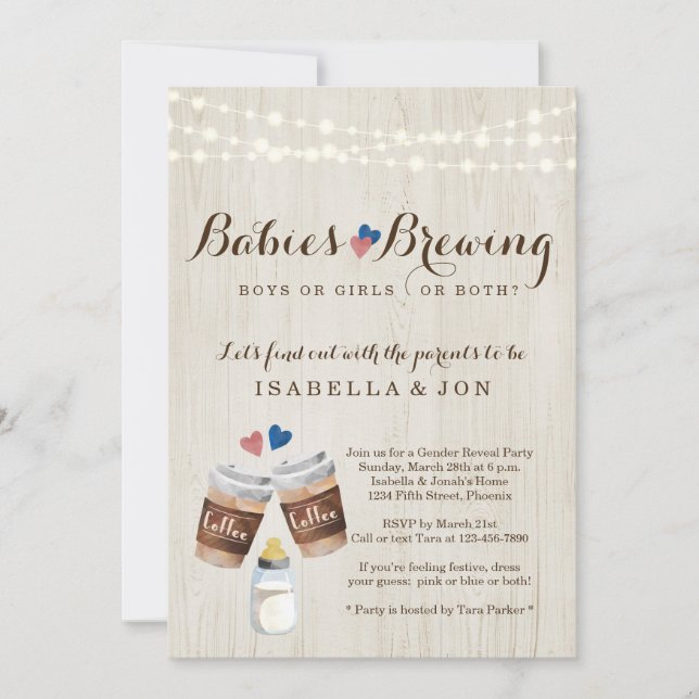 Baby Brewing Coffee Twins Gender Reveal Party Invitation (Front)