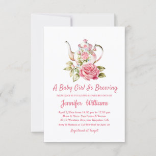 baby brewing tea party girl baby shower pink invitation