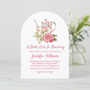 baby brewing tea party girl baby shower pink invitation