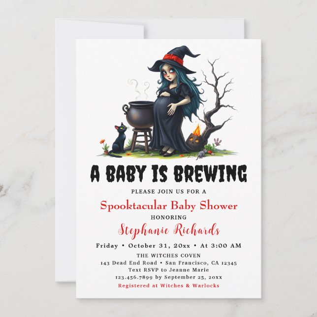 Baby Brewing Witch Black Cat Halloween Baby Shower Invitation (Front)