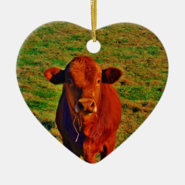 BABY BROWN COW EATING CERAMIC TREE DECORATION (Front)