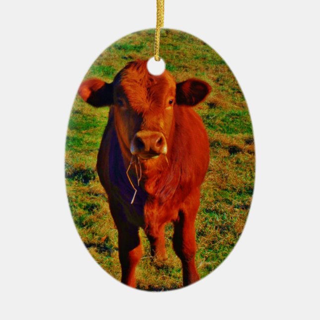 BABY BROWN COW EATING CERAMIC TREE DECORATION (Front)