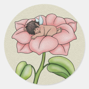 Baby Brown Skinned Fairy Sleeping in a Flower Classic Round Sticker