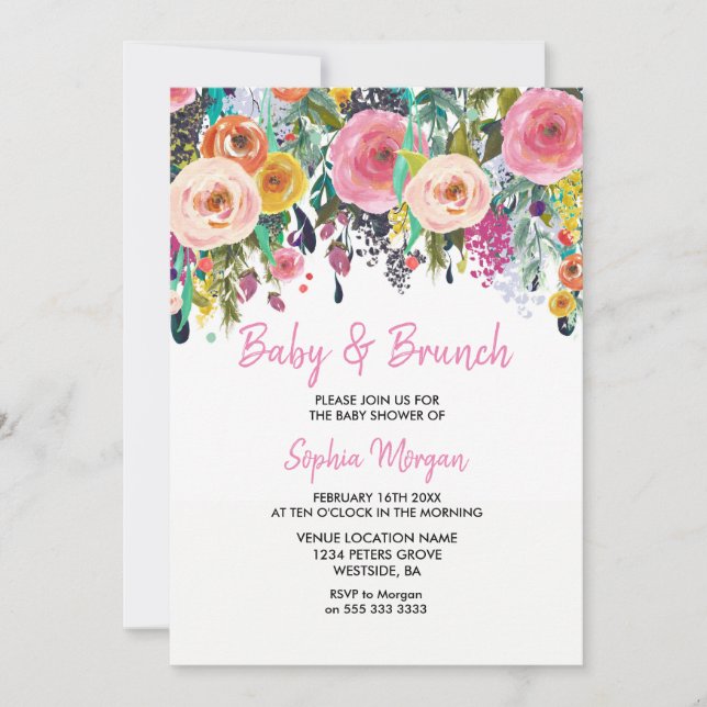 Baby & Brunch Baby Shower Pink Floral Invite (Front)