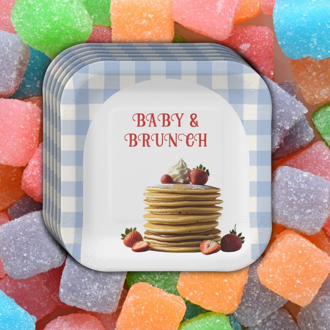 Baby & Brunch Blue Strawberry Pancakes Baby Shower Paper Plate (Creator Uploaded)