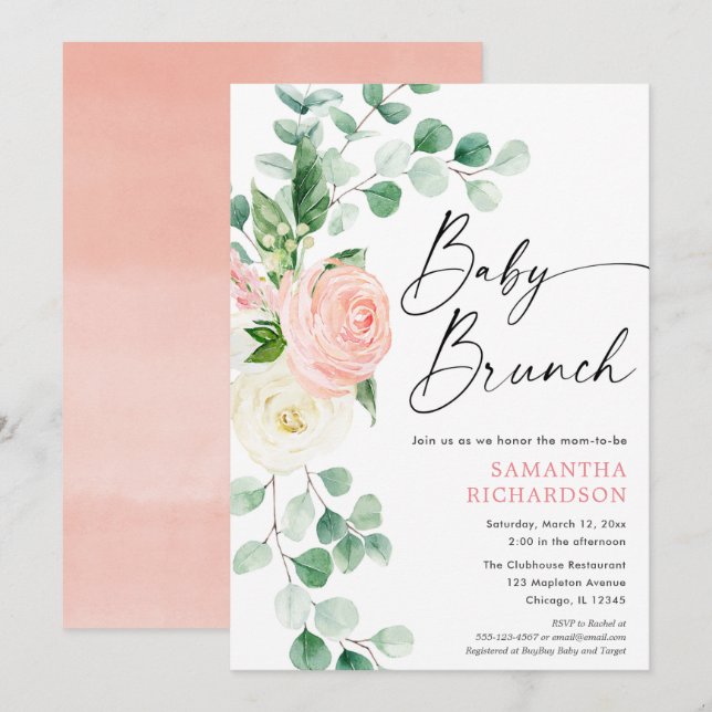 Baby brunch blush pink greenery floral girl shower invitation (Front/Back)