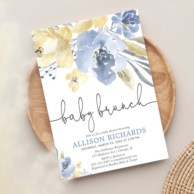 Baby brunch boy baby shower dusty blue yellow invitation (Creator Uploaded)